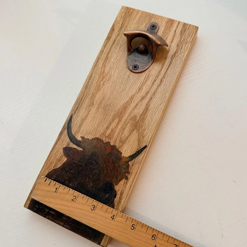 Longhorn Bull Bottle Opener Wall Mount Rustic Wood Beer Cap Catcher Man Cave